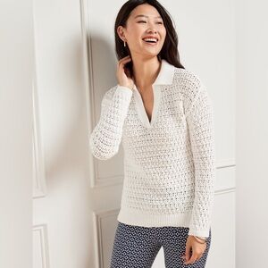 TALBOTS White Crochet Knit Collared V-Neck Sweater Size L